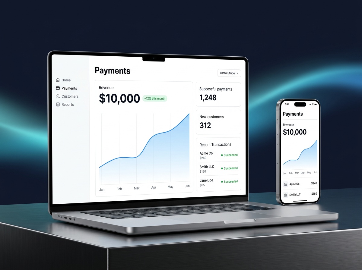 Stripe payments dashboard preview on laptop and phone
